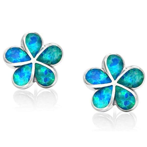 18K White Gold with Genuine Blue Fire Opal Flower Post Back Stud Earrings